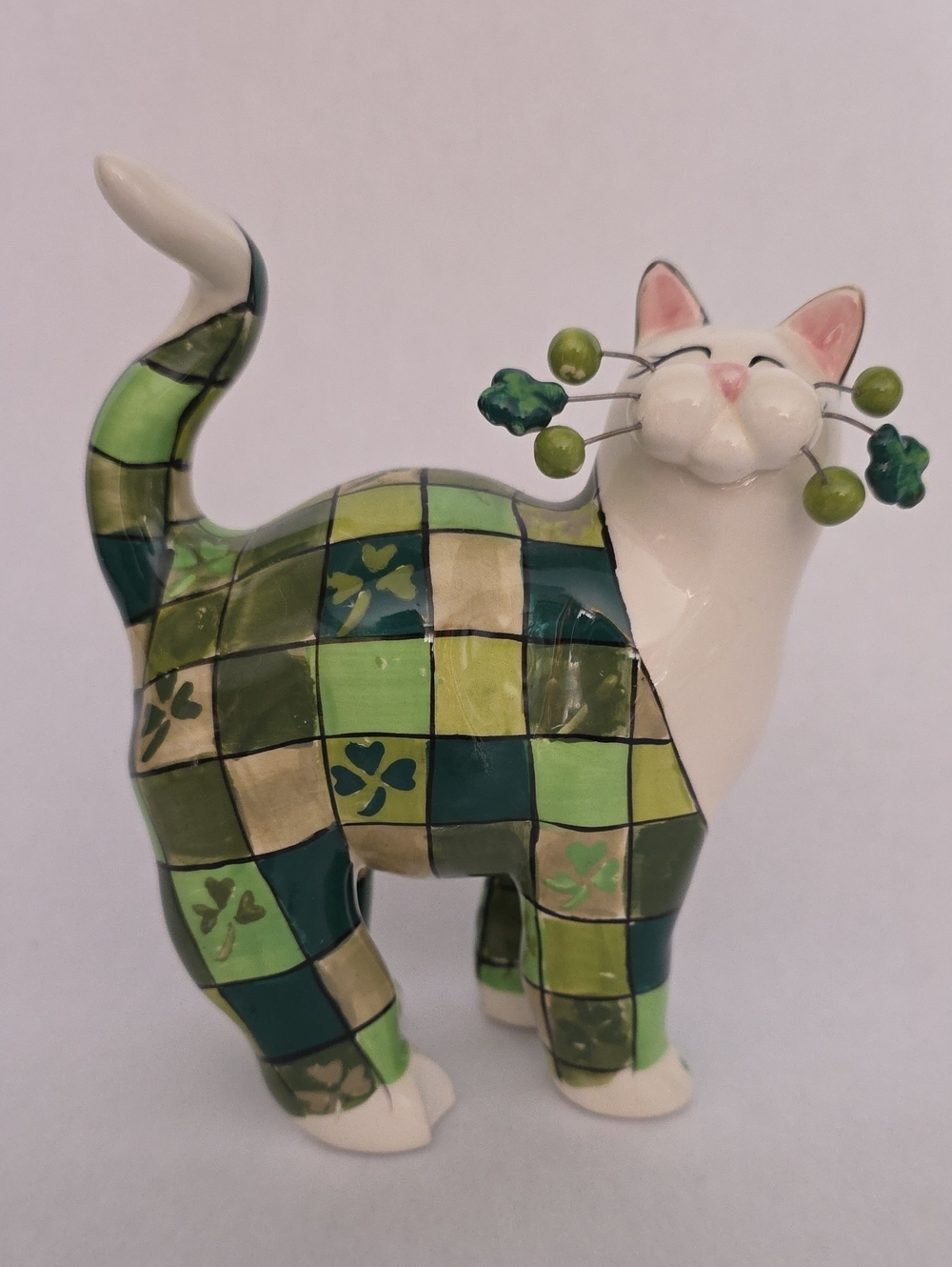 Vintage Amy Lacombe WhimsiClay "Pat" Shamrock Cat Figurine - Irish Green Plaid
